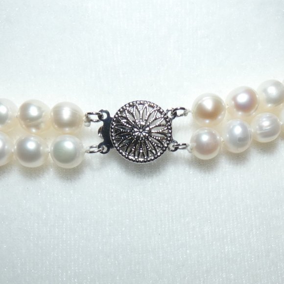 Double Strand Cultured Pearls With Silver Finesse Clasp, Good Luster 5 mm pearls - Picture 6 of 9